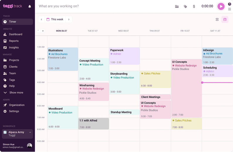 toggl calendar from Marketing Immersion